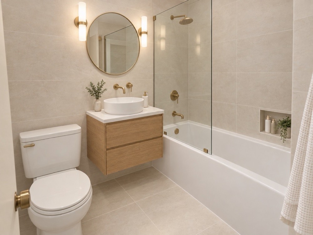 The refreshed bathroom with light porcelain tile, a floating oak vanity, and a glass shower screen