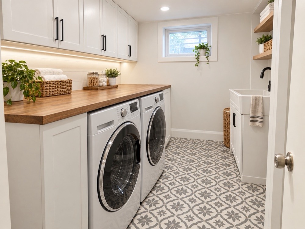 An organized modern laundry room with white cabinets, a wood folding counter, and patterned tile