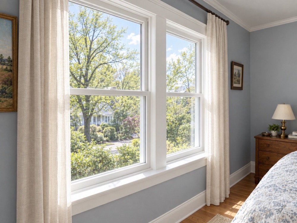 The same bedroom with new white energy-efficient windows and clean trim